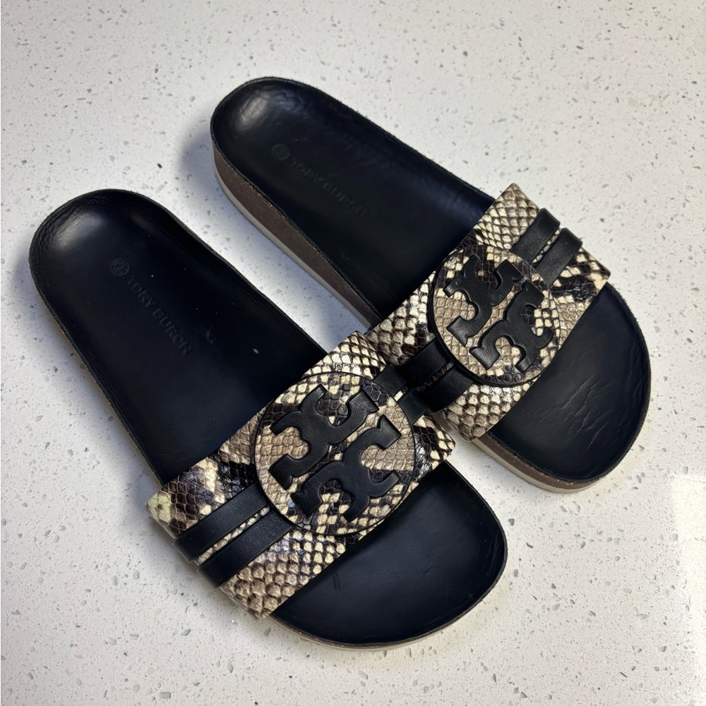 Tory Burch Anatomic Roccia Slide Snakeskin Black Slide Sandals 8.5